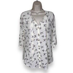 Siren Lily Bird Print Tie Neck Button Front Semi Sheer Cream Top Women Medium